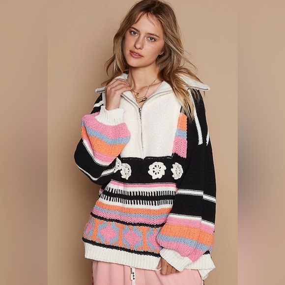 POL Sweaters - POL High Collar Half Zip Mixed Print Colorful Knit Women's Sweater Size S